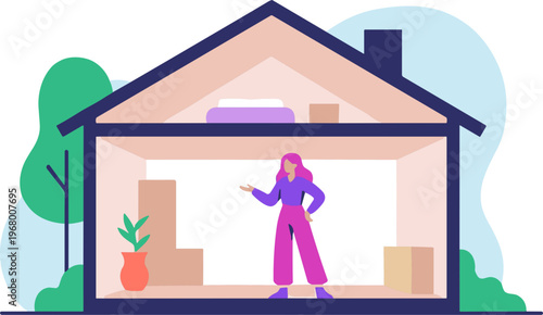 A woman stands inside an open house with boxes and a plant.