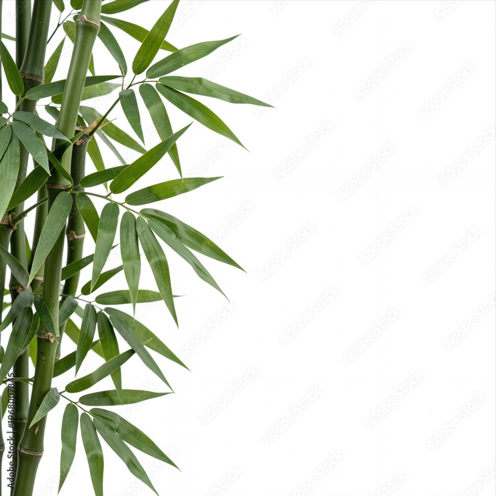 Naklejka premium Green Bamboo Stalks with Leaves on a White Background