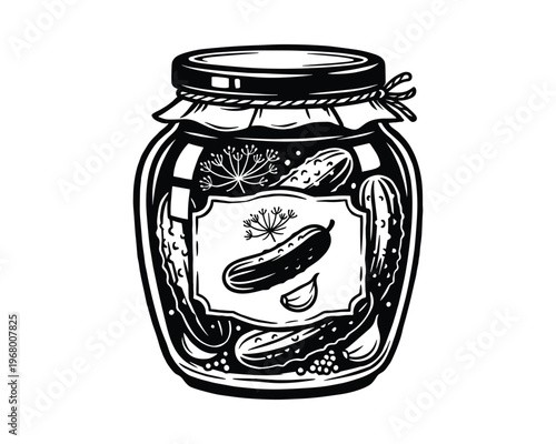 Hand drawn pickle jar art, isolated on transparent grid, graphic element, food drawing.