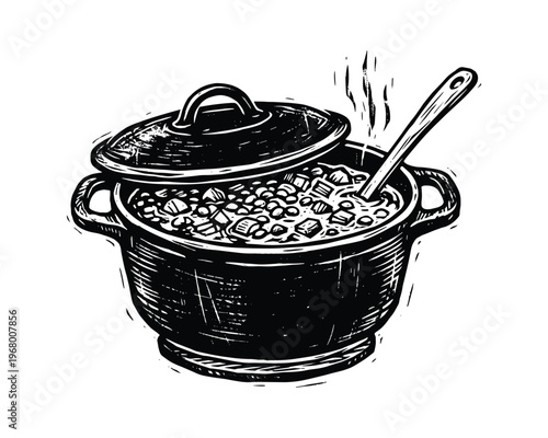 Hand drawn pot of soup. Steaming hot meal art. Rustic cooking graphic element.