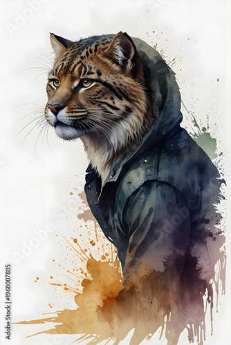 Intense facial expression of a feline wearing a jacket