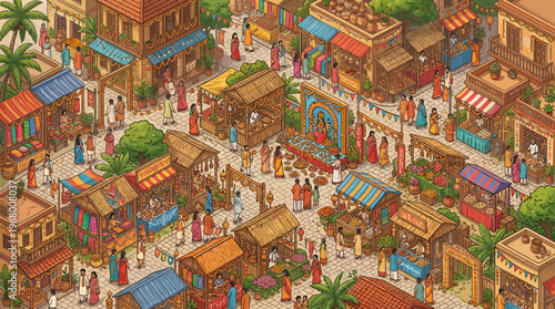 Bengali People Celebrating Poila Baisakh Festival in a Vibrant Market Isometric Illustration