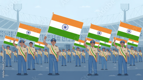 Indian flag bearers marching in formation at a stadium with a crowd of people celebrating republic day or independence day with a patriotic event national pride and unity