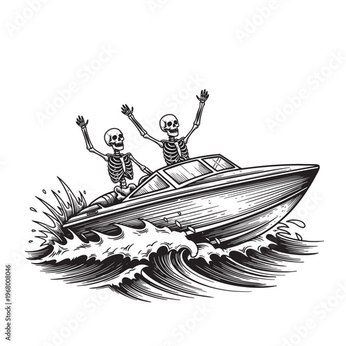 Skeleton Riders on Speedboat Surfing Ocean Waves, Vintage Engraving Style Adventure Vector Illustration