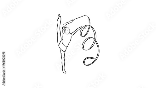 A minimalist line art illustration of a gymnast performing a rhythmic gymnastics routine with a ribbon