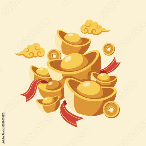 This artistic image features a beautiful pile of luxurious gold ingots surrounded by clouds, symbolizing wealth, prosperity, and fortune, creating an elegant and enchanting atmosphere.