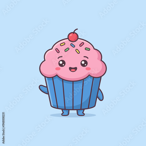 An adorable cartoonish cupcake with a cheerful expression and cherry on top, designed to evoke happiness and delight, perfect for bakery branding or dessert promotions.