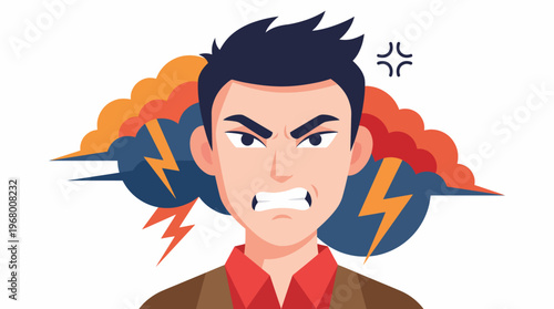 The illustration portrays a furious man with an angry expression against a backdrop of thunderbolts, symbolizing intense emotions and the struggle with frustration and rage.
