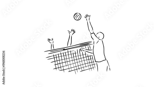 A vector graphic illustration of a volleyball player spiking the ball over the net