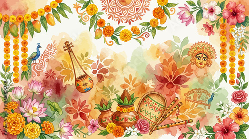 Traditional Bengali New Year Motifs Celebrating Poila Baisakh in a Colorful Watercolor Background