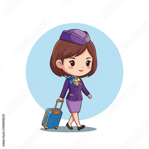 A delightful illustration of a flight attendant with a suitcase, radiating warmth and professionalism, perfect for travel-themed graphics or aviation promotions.