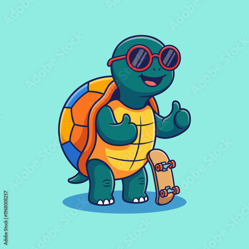 A charming turtle character wearing sunglasses and skateboarding, embodying coolness and fun, ideal for children’s products, cartoons, or playful brands.