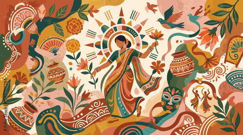 Artistic Bengali woman in traditional saree celebrating Poila Baisakh festival in vibrant mural style