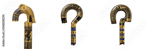 Set and collection of ancient Egyptian golden scepter handles and hooks with falcon and hieroglyphics isolated on white transparent PNG background