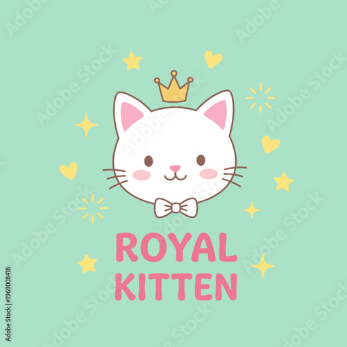 A cute kitten with a crown and bowtie, surrounded by playful elements, represents royalty and charm, appealing to pet lovers and highlighting a whimsical, joyful theme.
