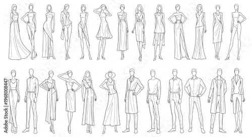 Fashion Croquis Body Templates Vector Female Male Static Poses Figure Illustration Design Set