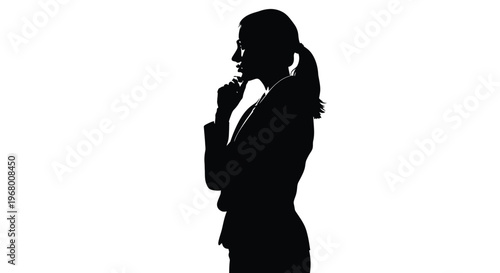 Elegant vector graphic illustration of a businesswoman in silhouette contemplating professional challenges and opportunities.