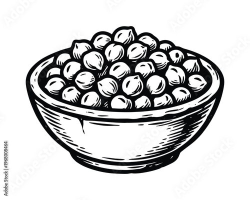 Healthy legume illustration, wooden bowl of peas, organic food drawing, vegan protein sketch, meal art