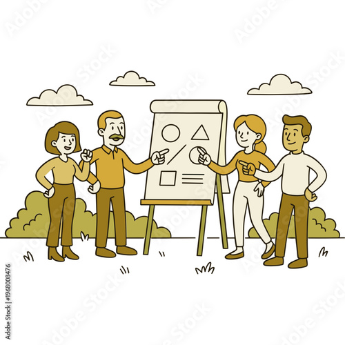 People presenting on a board outdoors with colleagues