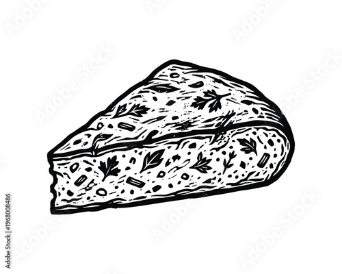 Hand-drawn focaccia bread slice with herbs and spices. bakery, food, delicious, snack, meal.