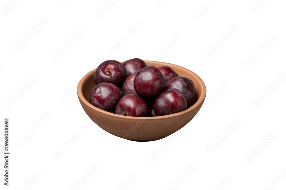 Obraz premium Fresh dark red plums in wooden bowl transparent background