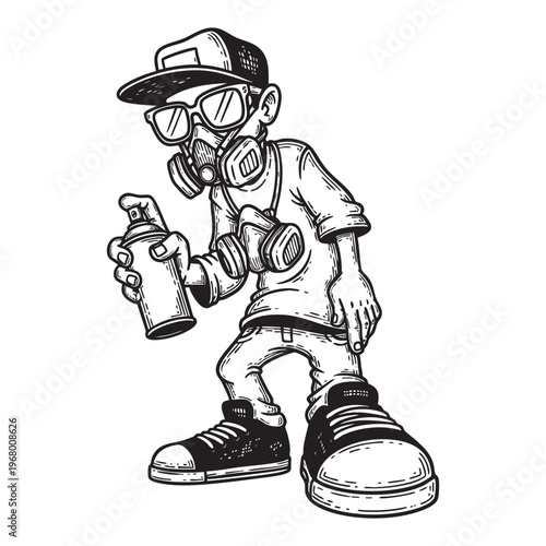 Street Art Graffiti Character in Gas Mask Holding Spray Can Hip Hop Urban Vintage Engraving Vector