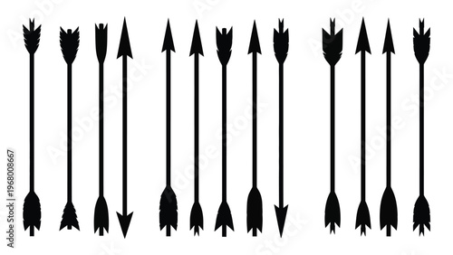 A collection of black arrows pointing upwards showcasing varied fletching designs in a striking silhouette high quality professional detailed modern elegant