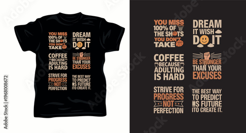 Motivational quotes collection t-shirt design with modern typography and sports icons.