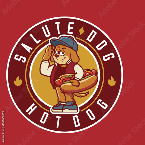 This animated logo features a friendly dog mascot saluting while holding a hotdog, capturing the fun and delicious essence of a food brand focused on casual dining and enjoyment.