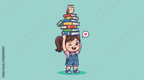 This adorable illustration features a cheerful girl balancing a stack of books while an owl perches on top, symbolizing learning, curiosity, and the joy of childhood education.