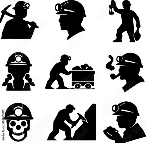 black silhouettes of miners and mining icons set