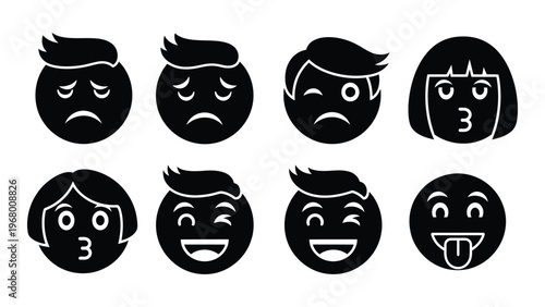 Eight circular faces displaying various human emotions in a minimalist black design featuring a striking silhouette high quality professional detailed modern