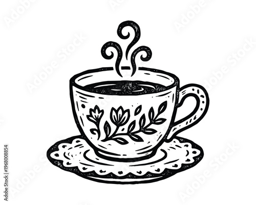 Hot tea cup sketch floral design mug drawing steam aroma beverage cafe culture drink graphic element