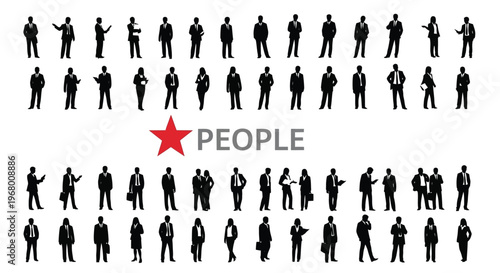 Large collection of diverse professional business people vector silhouettes standing in various poses for graphic design.