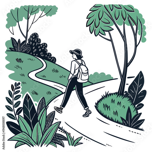 A solitary woman with a backpack hikes along a winding path through a stylized lush green landscape with trees