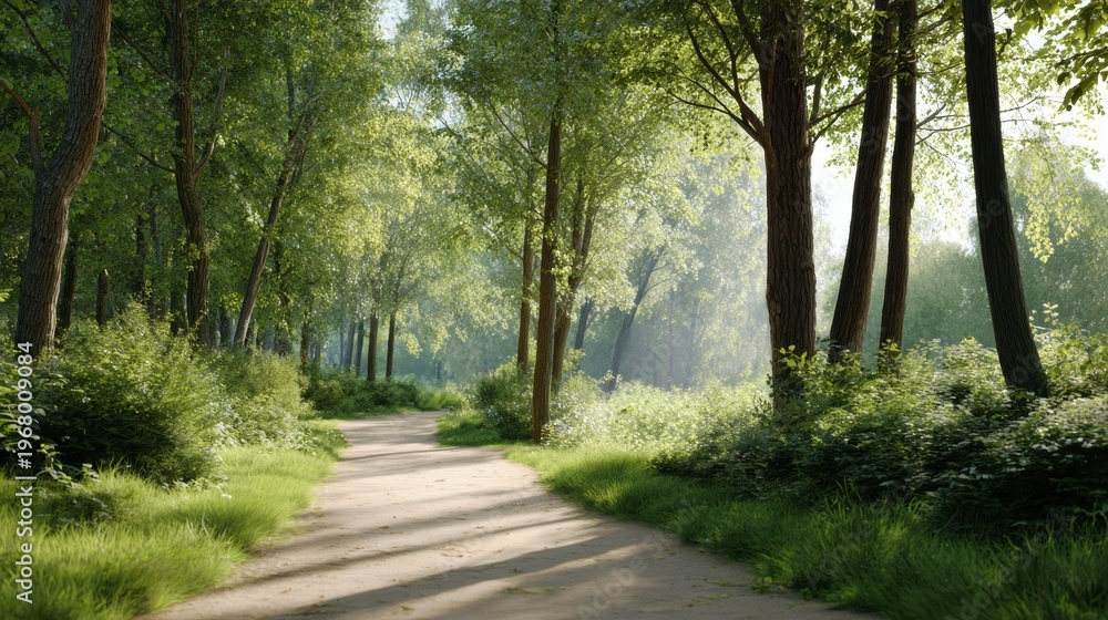 Fototapeta premium Forest Path: A tranquil path winds through a sun-dappled forest, inviting exploration and offering a serene escape into the heart of nature.