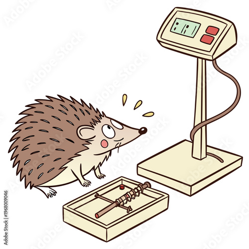 A curious hedgehog is cautiously stepping onto a bathroom scale appearing concerned about its weight measurement high quality professional detailed