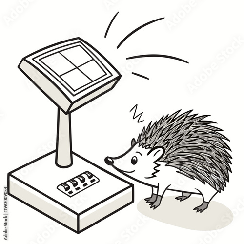 A curious hedgehog investigates a small solar panel seemingly intrigued by the energy source and its technological design high quality