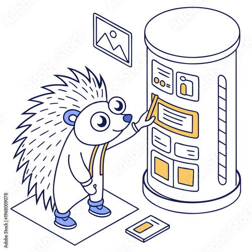 An adorable hedgehog interacts with a futuristic cylindrical kiosk displaying a picture and security interface high quality professional detailed modern