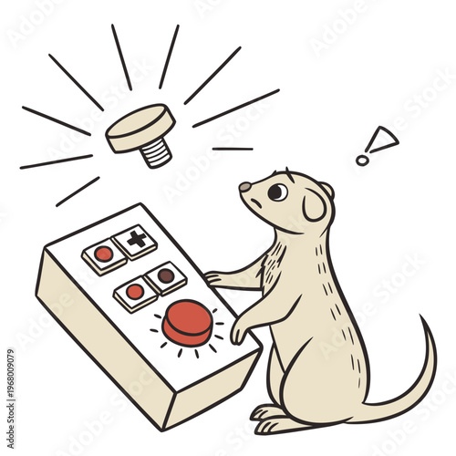 A curious meerkat intently gazes at a control panel with a glowing red button a screw levitates above it