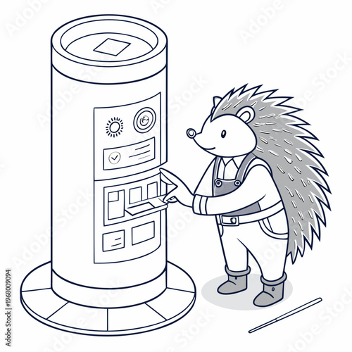 A charming illustration depicts a hedgehog in overalls interacting with a vintage style ticket vending machine high quality professional detailed
