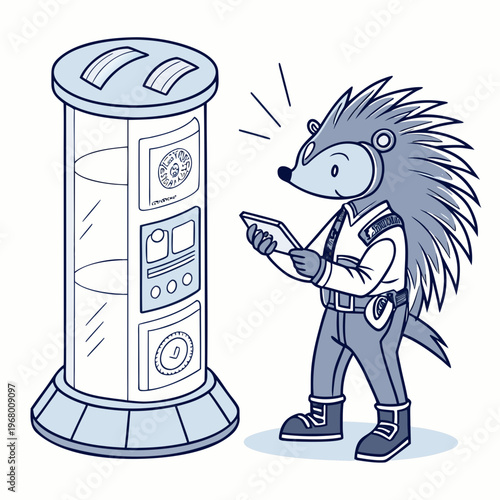 An anthropomorphic hedgehog in a uniform interacts with a futuristic cylindrical kiosk displaying various icons and interfaces high quality professional