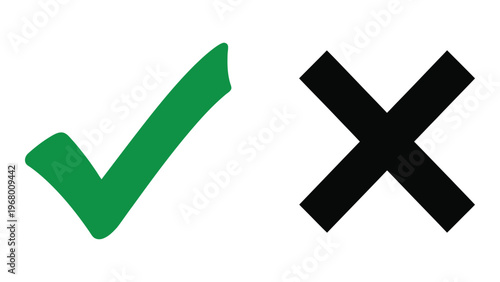 A vibrant green checkmark and a stark black cross symbol illustrate opposing concepts presented as a dramatic silhouette high quality professional