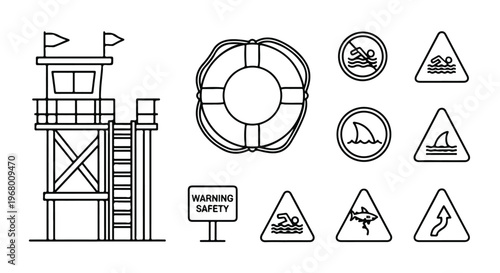 Beach safety line icons set, lifeguard tower and lifebuoy vector elements, coastal warning signs with shark and swimming symbols, black outline graphics