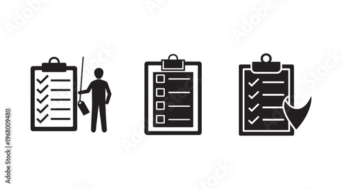Clipboard icons with checklists and a person holding a pointer and a tag  checklist and todo list symbols