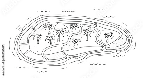 Hand drawn tropical island map vector, minimalist line art of a desert island with palm trees, simple black and white coastal landscape illustration