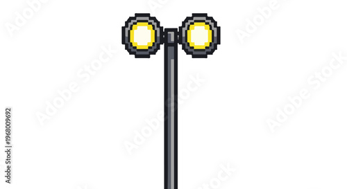 This minimalist pixel art vector displays a dual-headed street lamp with yellow bulbs mounted on a long gray pole against a white background.