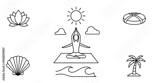 Minimalist yoga and wellness icon set, black line art meditation symbols, tropical spa and relaxation vector elements for branding