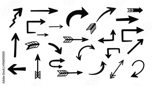 A collection of various black arrow and direction indicators including curved and feathered designs presented as a silhouette high quality professional