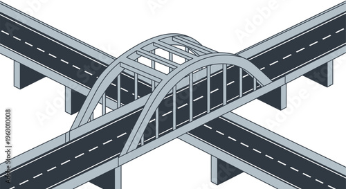 Vector representation of a steel arch bridge crossing over a concrete highway intersection against a white background